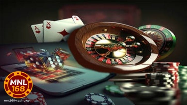 Ipinapakita ang mga larawang mga laro sa casino game katulad ng roulette, mga barahang inilalapag sa mga larong online casino.